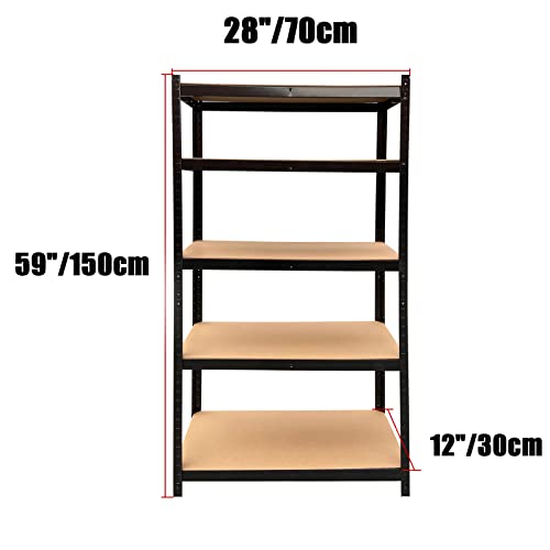 5 Tier Adjustable Boltless Garage Shelving, Heavy Duty Storage Racking Unit, Organizing Metal Shelf for Home Office Workshop Warehouse Household Kitchen, 59" H x 28" W x 12" D, 5 Tier Black DIY Shelf