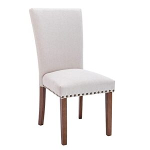 Upholstered Fabric Dining Chairs Set of 4, Parsons Dining Room Kitchen Side Chair with Nailhead Trim and Wood Legs - Light Beige