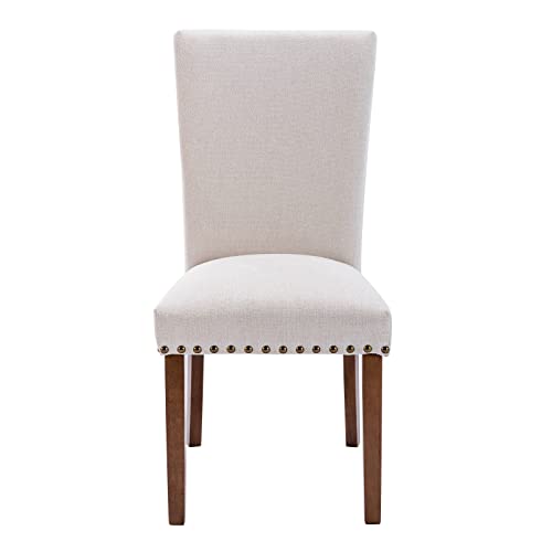 Upholstered Fabric Dining Chairs Set of 4, Parsons Dining Room Kitchen Side Chair with Nailhead Trim and Wood Legs - Light Beige