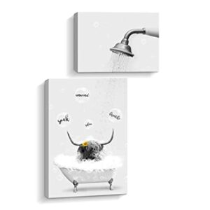 Pinetree Art Funny Bathroom Decor Cute Highland Cow Wall Art - Relax Soak Unwind Breathe Inspirational Quote - Modern Farmhouse Home Bathroom Wall Decorative (black and white, set of 2)