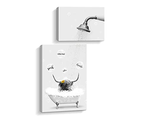 Pinetree Art Funny Bathroom Decor Cute Highland Cow Wall Art - Relax Soak Unwind Breathe Inspirational Quote - Modern Farmhouse Home Bathroom Wall Decorative (black and white, set of 2)