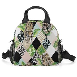 tropical palm leaves and exotic leopard printed lunch box tote bag with handles and shoulder strap for men women work picnic