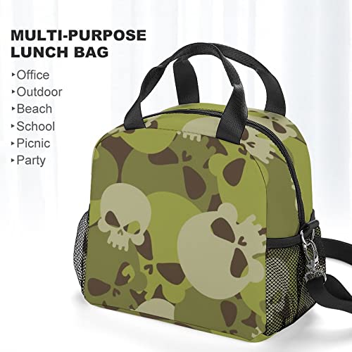 Military Skulls Printed Lunch Box Tote Bag with Handles and Shoulder Strap for Men Women Work Picnic