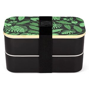 tropical pattern with monstera leaves bento lunch box leak-proof bento box food containers with 2 compartments for offce work picnic black-style