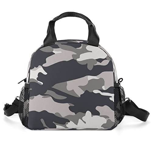 Gray Green Camouflage Printed Lunch Box Tote Bag with Handles and Shoulder Strap for Men Women Work Picnic