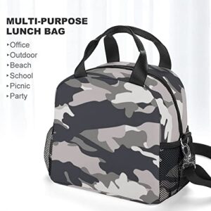 Gray Green Camouflage Printed Lunch Box Tote Bag with Handles and Shoulder Strap for Men Women Work Picnic