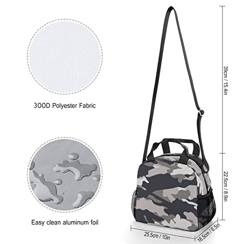 Gray Green Camouflage Printed Lunch Box Tote Bag with Handles and Shoulder Strap for Men Women Work Picnic