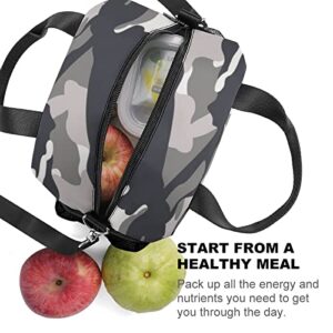 Gray Green Camouflage Printed Lunch Box Tote Bag with Handles and Shoulder Strap for Men Women Work Picnic