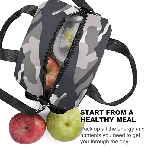 Gray Green Camouflage Printed Lunch Box Tote Bag with Handles and Shoulder Strap for Men Women Work Picnic