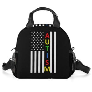 autism awareness puzzle usa flag printed lunch box tote bag with handles and shoulder strap for men women work picnic