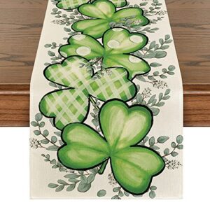 Artoid Mode Clover Shamrocks Eucalyptus Buffalo Plaid St.Patrick's Day Table Runner, Seasonal Kitchen Dining Table Runner for Home Party Decor 13x72 Inch