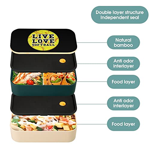 Live Love Softballs Bento Lunch Box Leak-Proof Bento Box Food Containers with 2 Compartments for Offce Work Picnic Green-Style