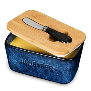ceramic butter dish keeper container - vicrays porcelain airtight lid butter container with knife for countertop - large butter keeper crock for west or east coast butter - blue