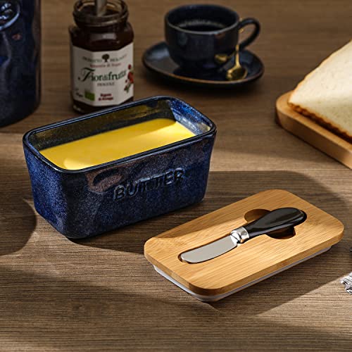 Ceramic Butter Dish Keeper Container - Vicrays Porcelain Airtight Lid Butter Container with Knife for Countertop - Large Butter Keeper Crock for West or East Coast Butter - Blue