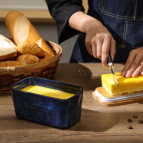 Ceramic Butter Dish Keeper Container - Vicrays Porcelain Airtight Lid Butter Container with Knife for Countertop - Large Butter Keeper Crock for West or East Coast Butter - Blue