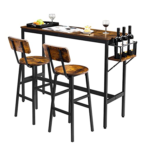 Tatub Bar Table and 2 Chairs Set, Industrial Style 3 Pieces Pub Dining Table Set with Collapsible Bottle Holder, 2 Bar Stools with Backrest for Kitchen, Apartment, Small Space