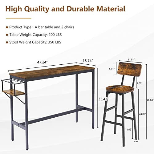 Tatub Bar Table and 2 Chairs Set, Industrial Style 3 Pieces Pub Dining Table Set with Collapsible Bottle Holder, 2 Bar Stools with Backrest for Kitchen, Apartment, Small Space