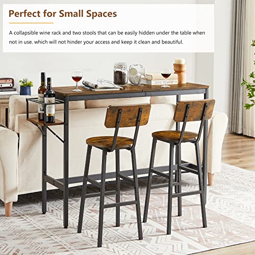 Tatub Bar Table and 2 Chairs Set, Industrial Style 3 Pieces Pub Dining Table Set with Collapsible Bottle Holder, 2 Bar Stools with Backrest for Kitchen, Apartment, Small Space