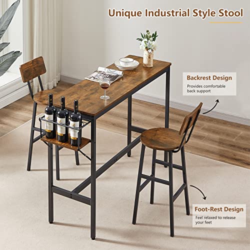 Tatub Bar Table and 2 Chairs Set, Industrial Style 3 Pieces Pub Dining Table Set with Collapsible Bottle Holder, 2 Bar Stools with Backrest for Kitchen, Apartment, Small Space