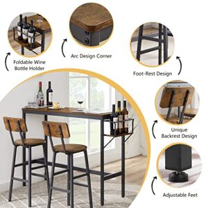 Tatub Bar Table and 2 Chairs Set, Industrial Style 3 Pieces Pub Dining Table Set with Collapsible Bottle Holder, 2 Bar Stools with Backrest for Kitchen, Apartment, Small Space