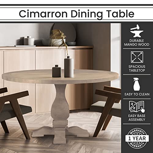 Hanover 54" Cimarron Mango Round Pedestal Table with Natural Washed Wood Finish, Rustic Hand-Crafted Modern Farmhouse Furniture for Home, Kitchen, Dining Room, Seats up to 4