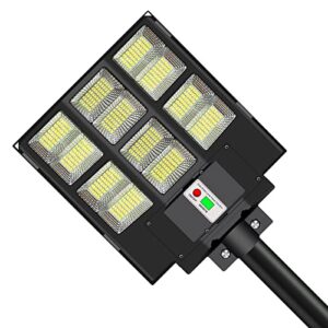 hioetse 600w solar street lights outdoor, 60000lm high brightness dusk to dawn led wide angle lamp, with motion sensor remote control,waterproof for parking lot, yard, garden, patio, stadium, piazza