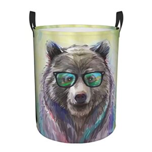laundry basket,funny cool low wild hipster bear with spectacles colorful portrait,large canvas fabric lightweight storage basket/toy organizer/dirty clothes collapsible waterproof for college dorms-large
