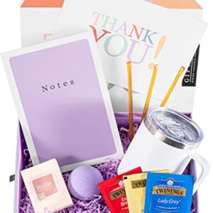 GIFTIER Thank You Gift Basket for Women, Friends, Nurses, Teachers, Employees, Bosses. Secretaries w/Tumbler Mug, Tea, Honey, Lavender Bath Bomb and Milk & Honey Soap – Quality Appreciation Gifts