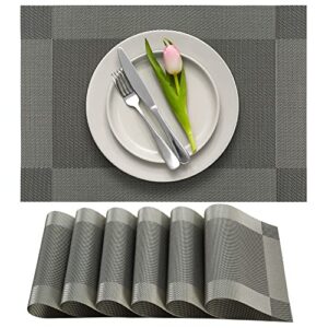 more décor dining table placemats, washable heat-resistant pvc vinyl table mats for dining room and kitchen, anti-slip - set of 6 - grey