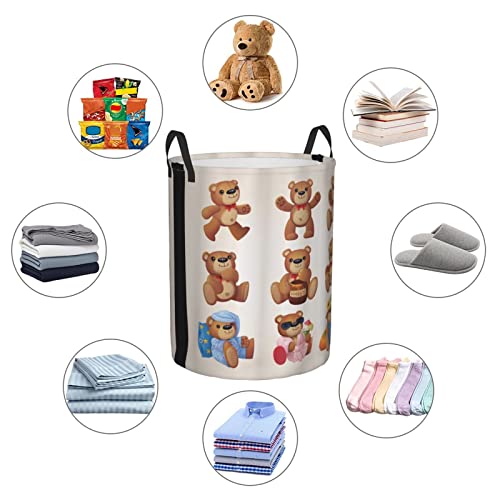 Laundry Basket,Happy Toy Teddy Bears With Funny Different Faces Nostalgic Kids Design,Large Canvas Fabric Lightweight Storage Basket/Toy Organizer/Dirty Clothes Collapsible Waterproof For College Dorms-Large