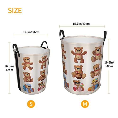 Laundry Basket,Happy Toy Teddy Bears With Funny Different Faces Nostalgic Kids Design,Large Canvas Fabric Lightweight Storage Basket/Toy Organizer/Dirty Clothes Collapsible Waterproof For College Dorms-Large
