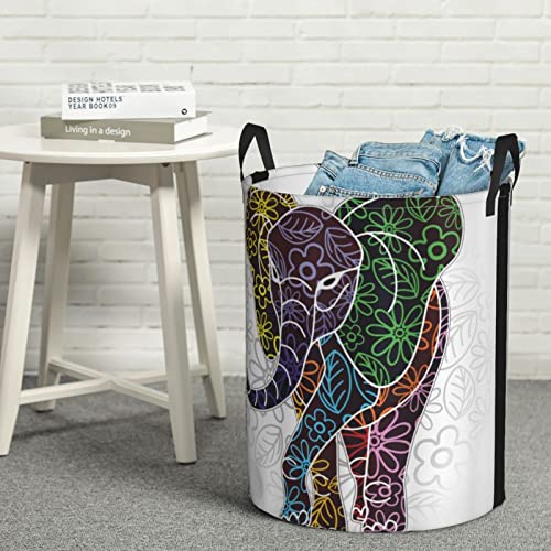 Laundry Basket,Digital Big Elephant With Floral Lines And Tribal Shapes Wild Life Theme,Large Canvas Fabric Lightweight Storage Basket/Toy Organizer/Dirty Clothes Collapsible Waterproof For College Dorms-Large