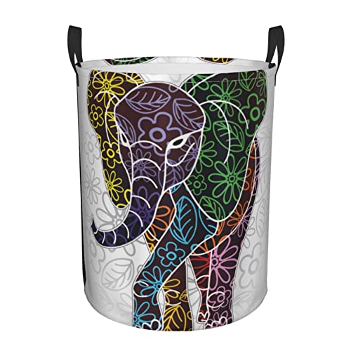 Laundry Basket,Digital Big Elephant With Floral Lines And Tribal Shapes Wild Life Theme,Large Canvas Fabric Lightweight Storage Basket/Toy Organizer/Dirty Clothes Collapsible Waterproof For College Dorms-Large