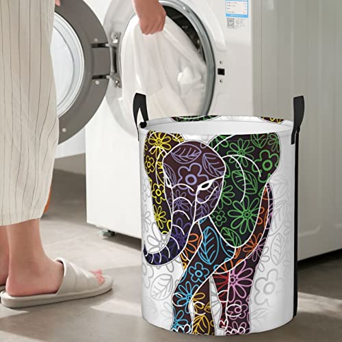 Laundry Basket,Digital Big Elephant With Floral Lines And Tribal Shapes Wild Life Theme,Large Canvas Fabric Lightweight Storage Basket/Toy Organizer/Dirty Clothes Collapsible Waterproof For College Dorms-Large