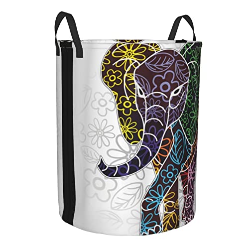 Laundry Basket,Digital Big Elephant With Floral Lines And Tribal Shapes Wild Life Theme,Large Canvas Fabric Lightweight Storage Basket/Toy Organizer/Dirty Clothes Collapsible Waterproof For College Dorms-Large