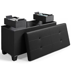 storage ottoman bench with storage bins, 30-in storage bench for bedroom end of bed, folding foot rest ottoman with storage for living room, storage chest max 660lbs, faux leather ottoman, black