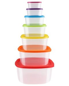 arrinew food storage containers with lids, nest stackable space-save design plastic storage bowls, multi-color kitchen bowls food storage, bpa free microwave freezer dishwasher safe, 7 pack