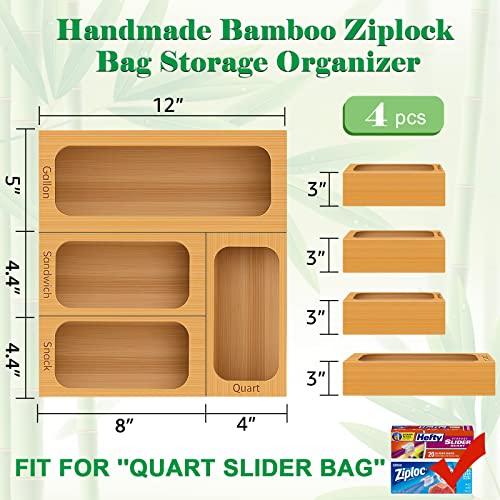 AUING Ziplock Bag Organizer,Bamboo Kitchen Baggie Organizer for Ziploc Bag Include Gallon Quart Snack and Sandwich Bag Dispenser Compatible with Ziploc, Solimo, Glad, Hefty ect, Set of 4