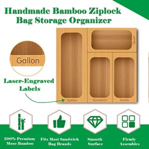 AUING Ziplock Bag Organizer,Bamboo Kitchen Baggie Organizer for Ziploc Bag Include Gallon Quart Snack and Sandwich Bag Dispenser Compatible with Ziploc, Solimo, Glad, Hefty ect, Set of 4