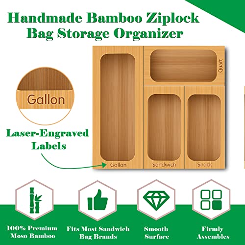 AUING Ziplock Bag Organizer,Bamboo Kitchen Baggie Organizer for Ziploc Bag Include Gallon Quart Snack and Sandwich Bag Dispenser Compatible with Ziploc, Solimo, Glad, Hefty ect, Set of 4