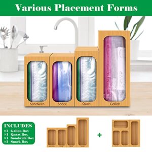 AUING Ziplock Bag Organizer,Bamboo Kitchen Baggie Organizer for Ziploc Bag Include Gallon Quart Snack and Sandwich Bag Dispenser Compatible with Ziploc, Solimo, Glad, Hefty ect, Set of 4