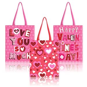 whaline 3pcs valentine's day canvas tote bags red pink heart love valentines basket reusable grocery shopping bags gift goodie bags for valentine' day party favor supplies gifts, 10.8 x 13.8inch
