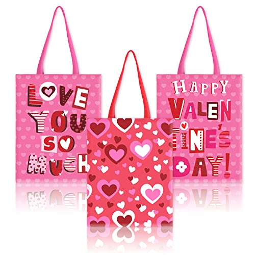 Whaline 3Pcs Valentine's Day Canvas Tote Bags Red Pink Heart Love Valentines Basket Reusable Grocery Shopping Bags Gift Goodie Bags for Valentine' Day Party Favor Supplies Gifts, 10.8 x 13.8inch