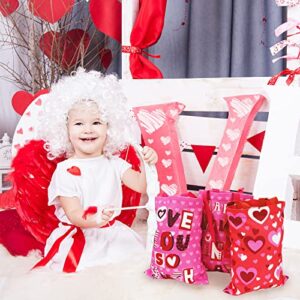 Whaline 3Pcs Valentine's Day Canvas Tote Bags Red Pink Heart Love Valentines Basket Reusable Grocery Shopping Bags Gift Goodie Bags for Valentine' Day Party Favor Supplies Gifts, 10.8 x 13.8inch