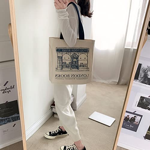 BXCNCKD Vintage London Bookstore Canvas Bag Women's One Shoulder Tote Bag Large Capacity Shopping Bag