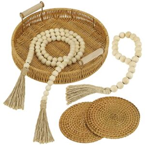 5 pcs boho farmhouse coffee table decor set 1 coffee table decorative tray 11 inch wicker serving tray with handles round rattan tray basket 2 wood bead garland with tassels 2 rattan coasters for home