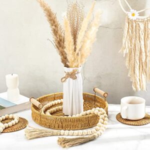 5 Pcs Boho Farmhouse Coffee Table Decor Set 1 Coffee Table Decorative Tray 11 Inch Wicker Serving Tray with Handles Round Rattan Tray Basket 2 Wood Bead Garland with Tassels 2 Rattan Coasters for Home