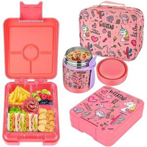 bento lunch box set for kids with 10oz soup thermo, leak-proof lunch containers with 4 compartment, kids thermo hot food jar and insulated lunch bag for kids to school,bpa-free(flamingos)