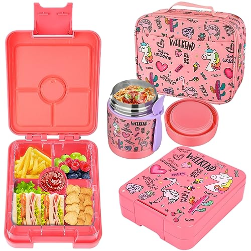 Bento Lunch Box Set for Kids with 10oz Soup Thermo, Leak-Proof Lunch Containers with 4 Compartment, Kids Thermo Hot Food Jar and Insulated Lunch Bag for Kids to School,BPA-Free(Flamingos)