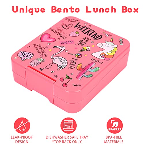 Bento Lunch Box Set for Kids with 10oz Soup Thermo, Leak-Proof Lunch Containers with 4 Compartment, Kids Thermo Hot Food Jar and Insulated Lunch Bag for Kids to School,BPA-Free(Flamingos)